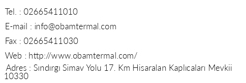 Obam Termal Resort Otel & Spa telefon numaralar, faks, e-mail, posta adresi ve iletiim bilgileri